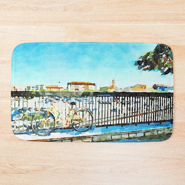 Item preview, Yellow bicycle leaning against the railing and city skyline designed and sold by Giuseppe Cocco.