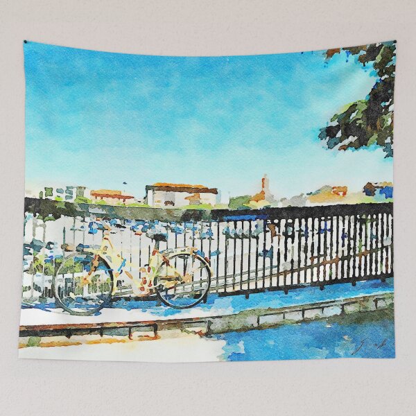 Item preview, Yellow bicycle leaning against the railing and city skyline designed and sold by Giuseppe Cocco.