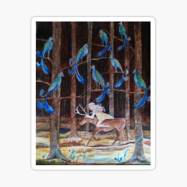 Ein Mädchen reitet auf einem Hirsch durch den Wald Sticker