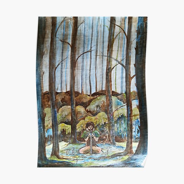 Ein Junge sitzt auf dem Waldboden und grübelt. Poster