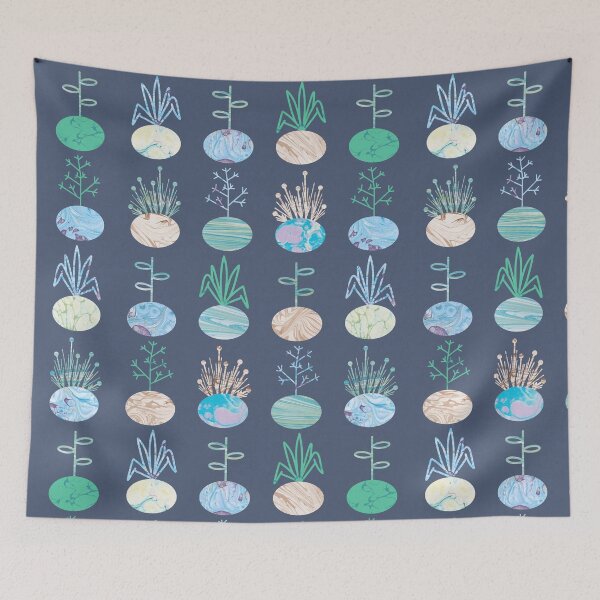 Item preview, Retro Plants Pattern Marbled on Blue designed and sold by MarbleCloud.