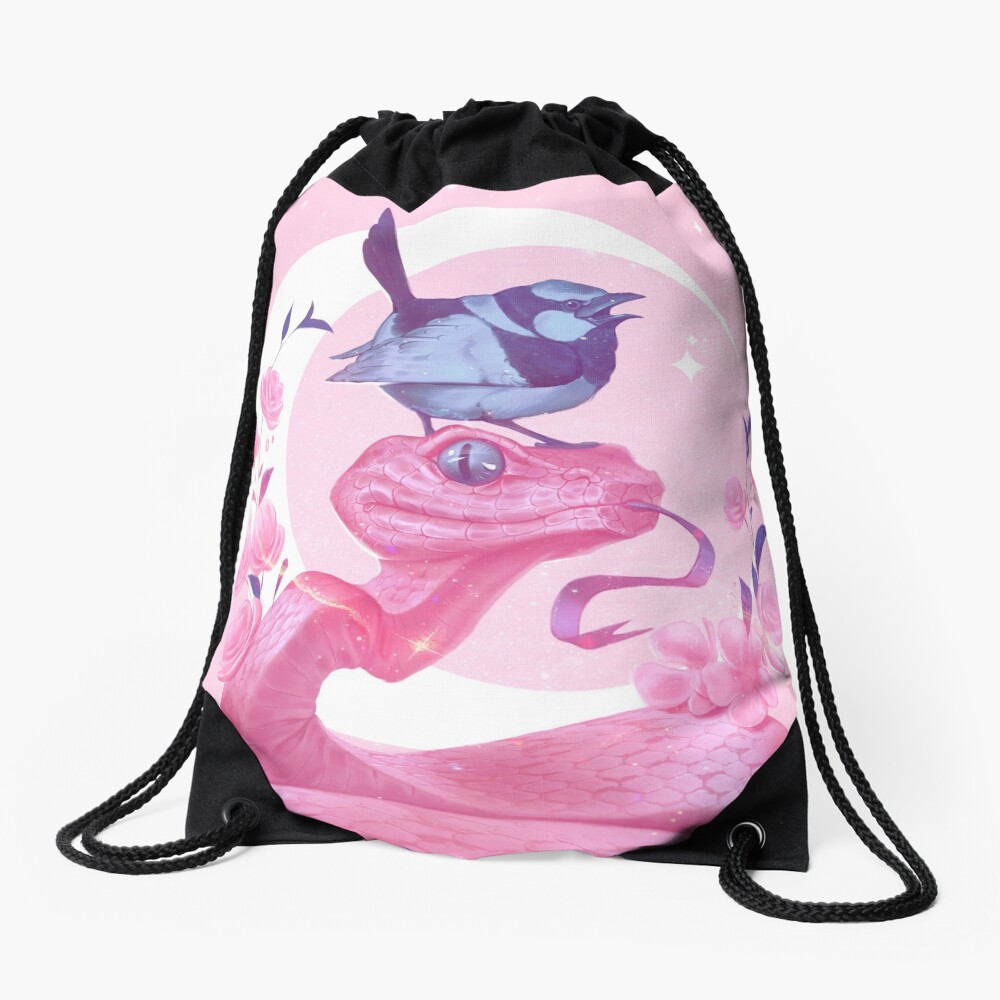 Pink Snake and Bird Drawstring Bag