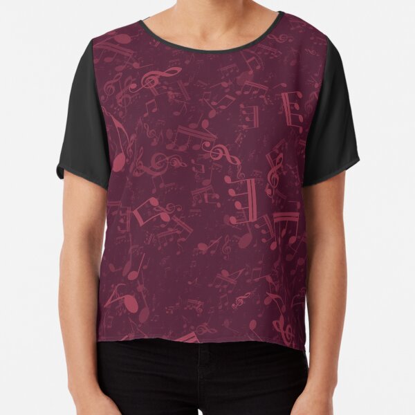 Burgundy Wine Colored Music Notes Pattern Chiffon Top