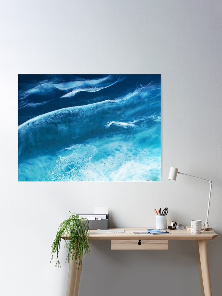Seascape epoxy resin painting with real sand beach, foamy waves in