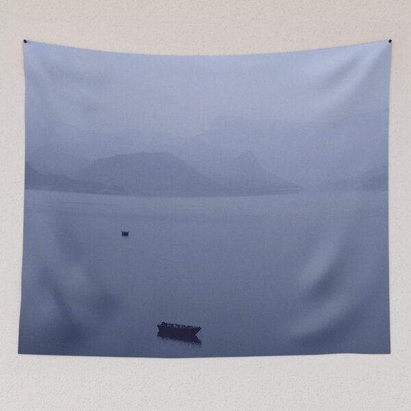Item preview, Blue mountain lake boat designed and sold by PrakritiPrints.