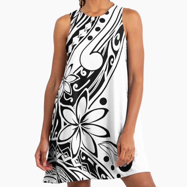 Polynesian Black And White Tribal Hibiscus A-Line Dress