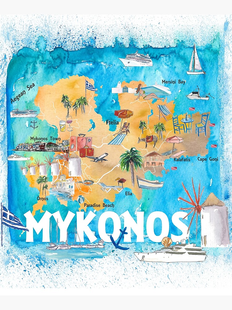 Mykonos Griechenland Illustrierte Karte Mit Hauptstra En   Flat,750x,075,f Pad,750x1000,f8f8f8 