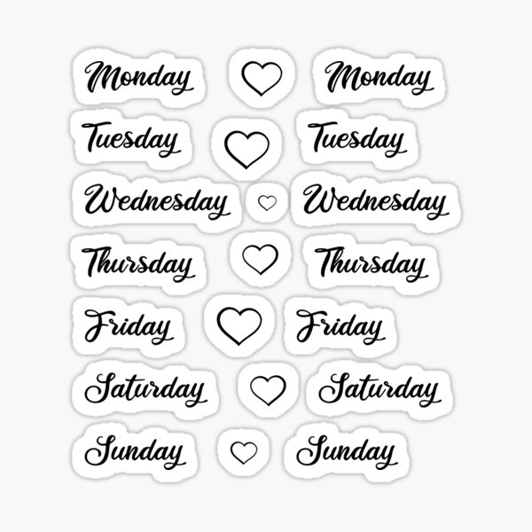 Days of the Week Stickers 8 Weeks of Monday Sunday Stickers Kiss Cut on  Sticker Sheet Each Sticker Approx. .25h X 1w Pastels 