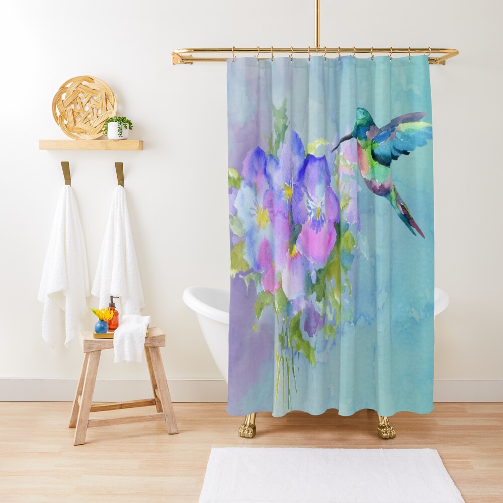 Hummingbird and Pansies Shower Curtain
