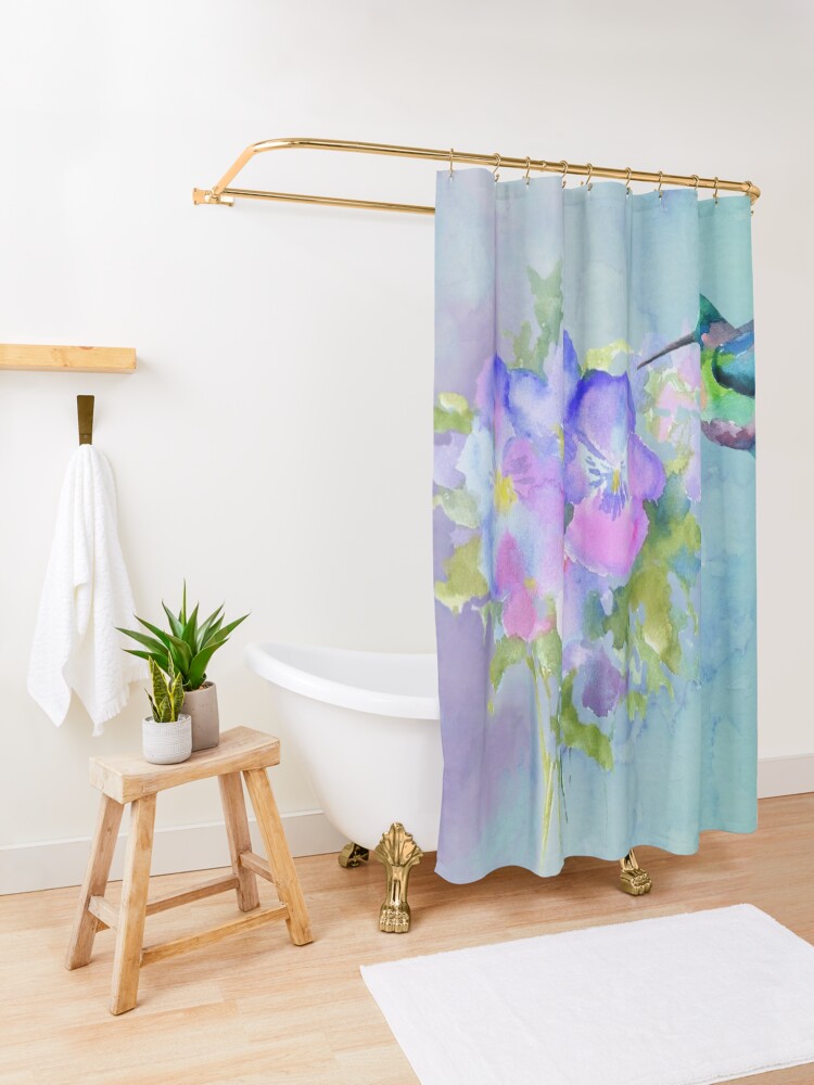 Alternate view of Hummingbird and Pansies Shower Curtain
