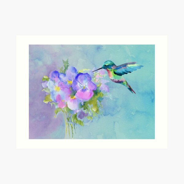 Hummingbird and Pansies Art Print