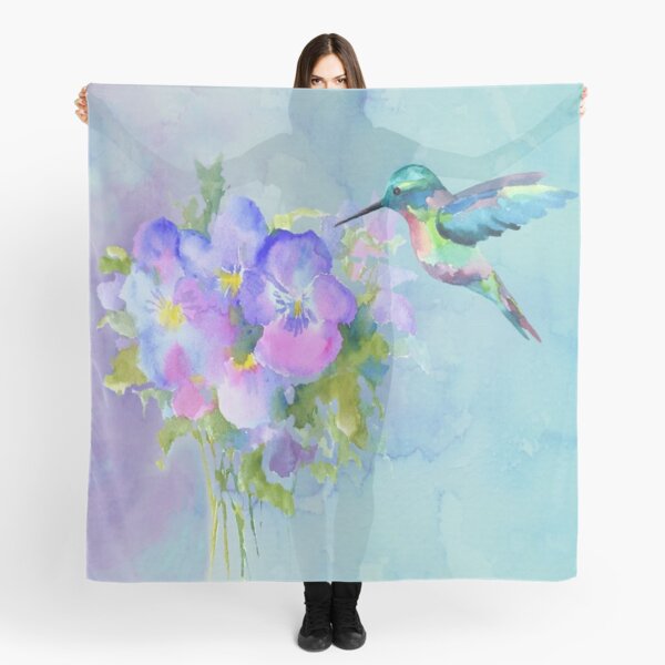 We Love Hummingbirds Beautiful Floral Hummingbird Silk Scarf Beige