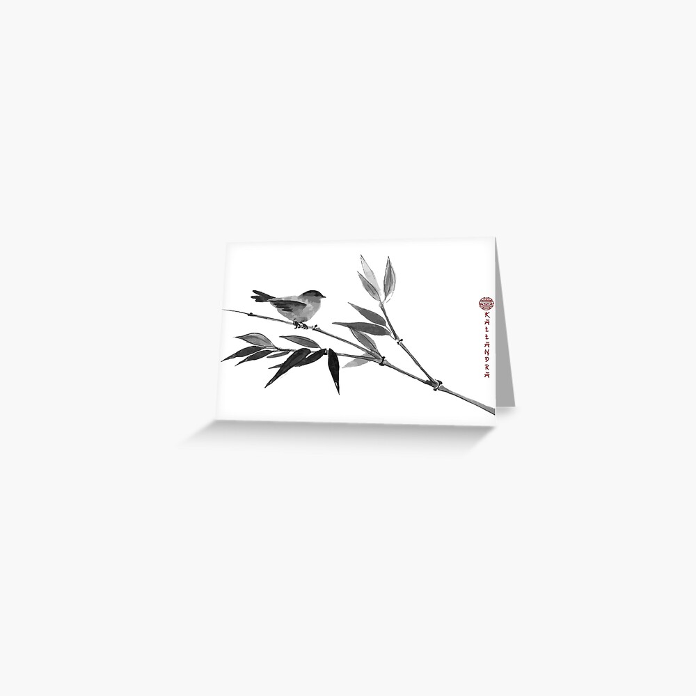 Chinese ink painting - little bird on bamboo branch Greeting Card