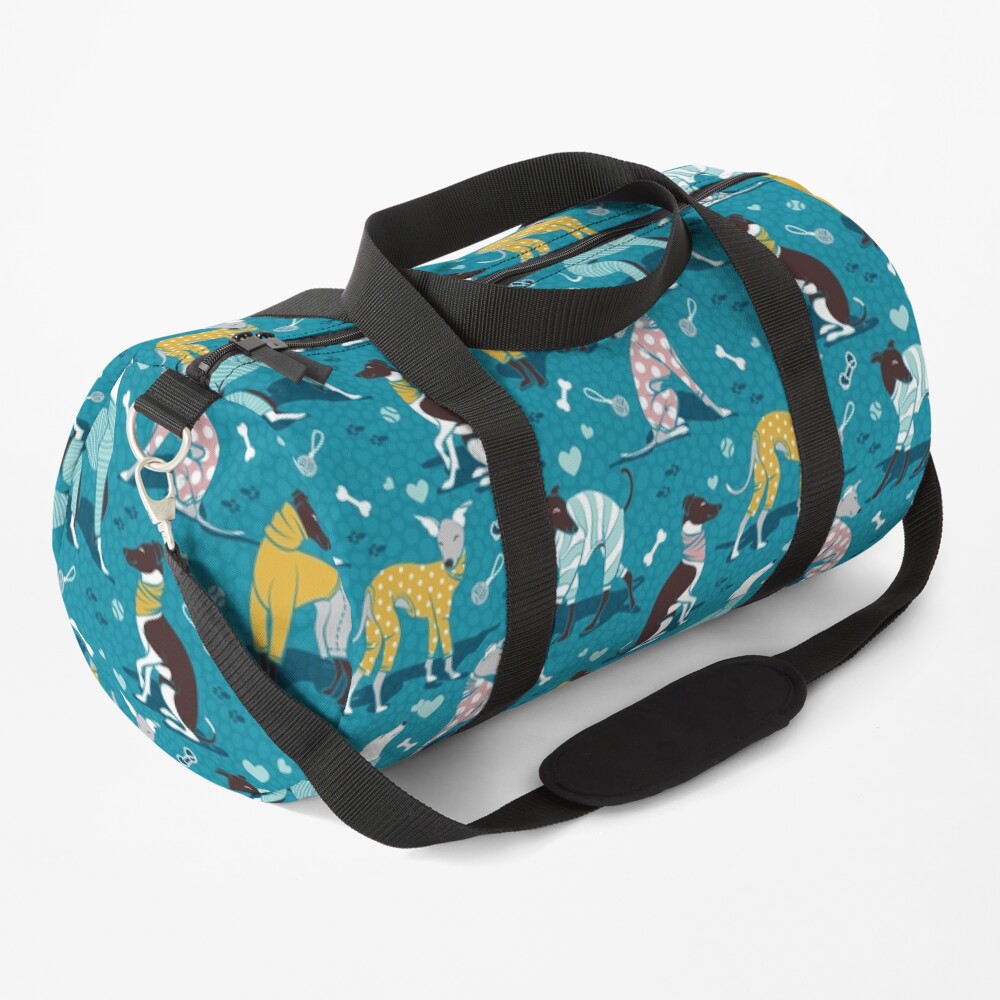 Greyhounds dogwalk // turquoise background Duffle Bag