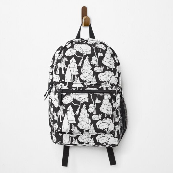 Item preview, Geometric whimsical wonderland // black background white forest with unicorns foxes gnomes and mushrooms designed and sold by SelmaCardoso.