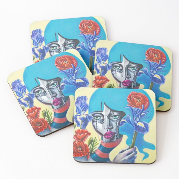 Artikelvorschau, Triade - Trauriges Robotermädchen mit Mohnblumen und blauen Irisblumen entworfen und verkauft von elasteel.