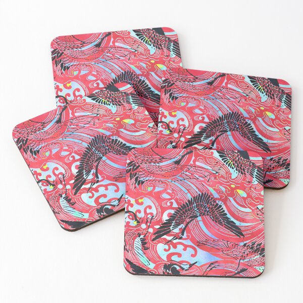 Item preview, Waves & Cranes Chinoiserie Chic Japanese Katagami Stencil - Black, Red designed and sold by AndreaHelmArt.