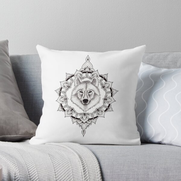 Pen and ink dotwork wolf mandala Throw Pillow