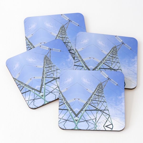 Item preview, Green High Voltage Pylons View From below blue sky background designed and sold by Flavio Vieri.