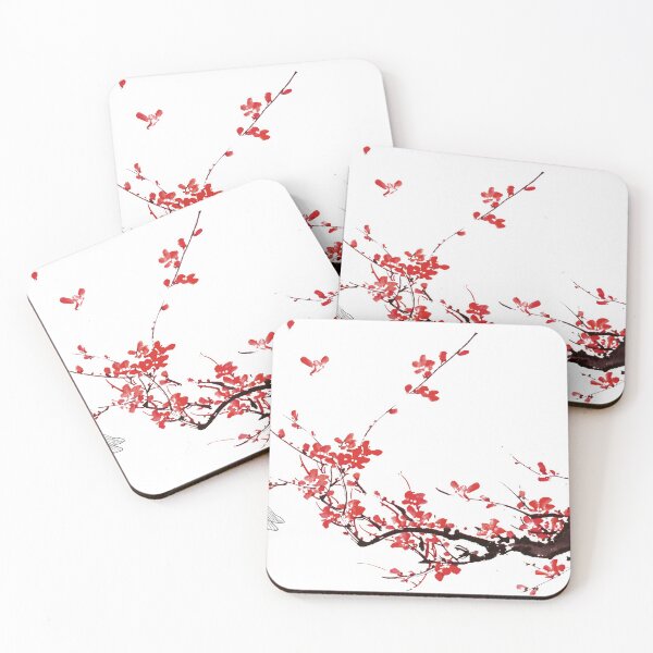 Item preview, Chinese art print - branch with pink plum blossoms with dragonfly designed and sold by Kallandra.
