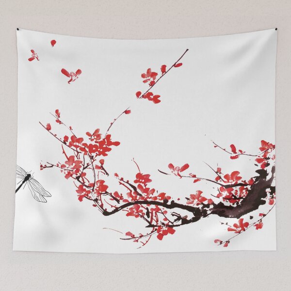 Item preview, Chinese art print - branch with pink plum blossoms with dragonfly designed and sold by Kallandra.