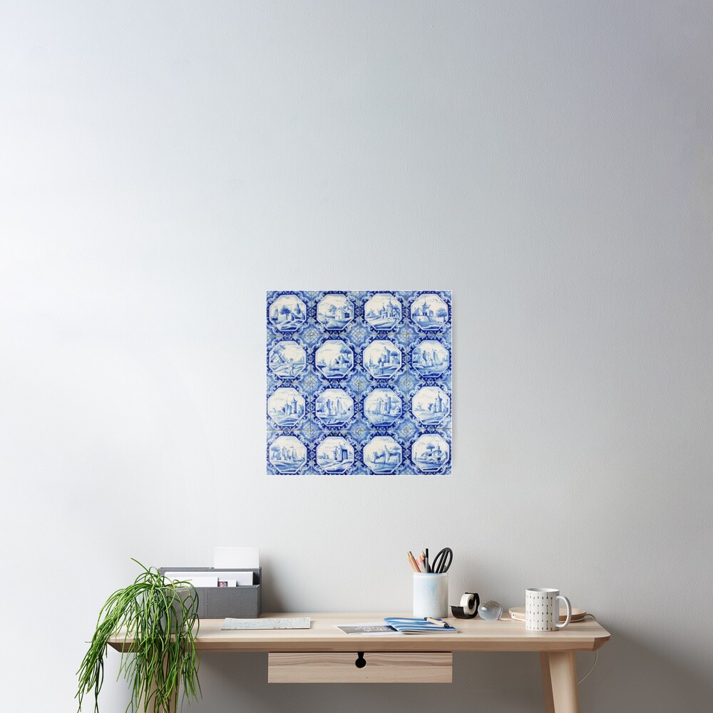 Blue And White Antique Delft Tiles Poster By Coolkatia Redbubble