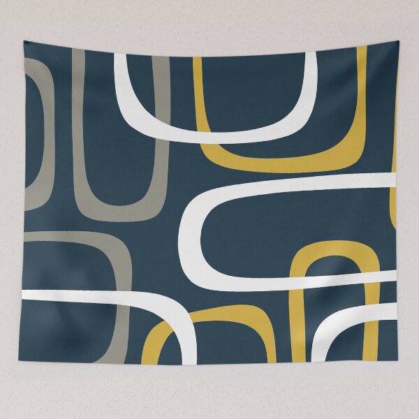 Item preview, Midcentury Modern Loops Retro Pattern in Light Mustard, Grey, White, and Navy Blue designed and sold by kierkegaard.