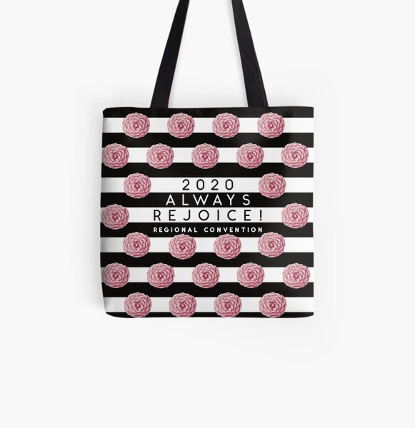 Always Rejoice - Black Stripes and Pink Flowers All Over Print Tote Bag