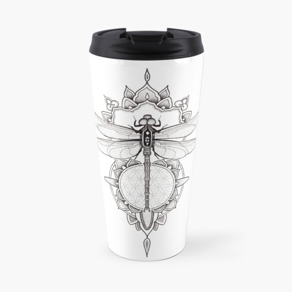 Dragonfly mandala in pen and ink dotwork Travel Mug