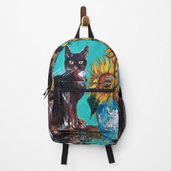 Item preview, SUNFLOWERS WITH BLACK CAT IN BLUE TURQUOISE YELLOW COLORS by Bulgan Lumini designed and sold by BulganLumini.
