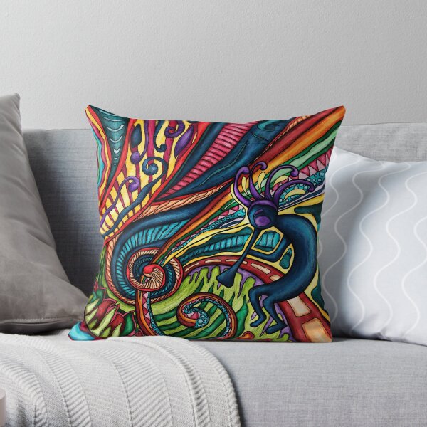 Kokopelli sur fond abstrait multicolore Coussin