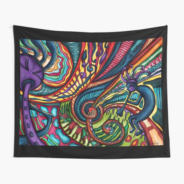 Kokopelli dancer on colorful abstract background, Kokopelli Tapestry