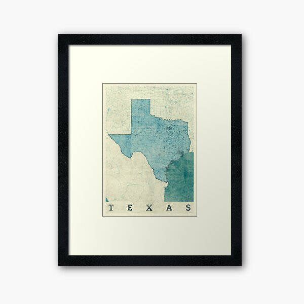 Texas Map Blue Vintage Framed Art Print