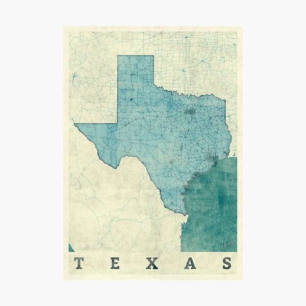 Texas Map Blue Vintage Photographic Print