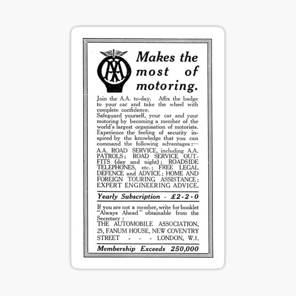 "The Automobile Association Breakdown Cover 1927 Vintage Advert