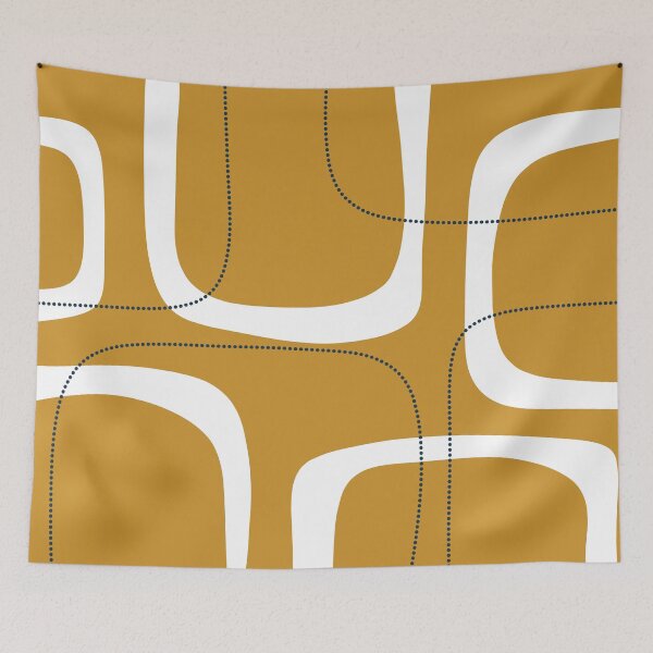 Item preview, Midcentury Modern Loops and Dots Abstract Pattern in Mustard Gold, White, and Navy Blue designed and sold by kierkegaard.