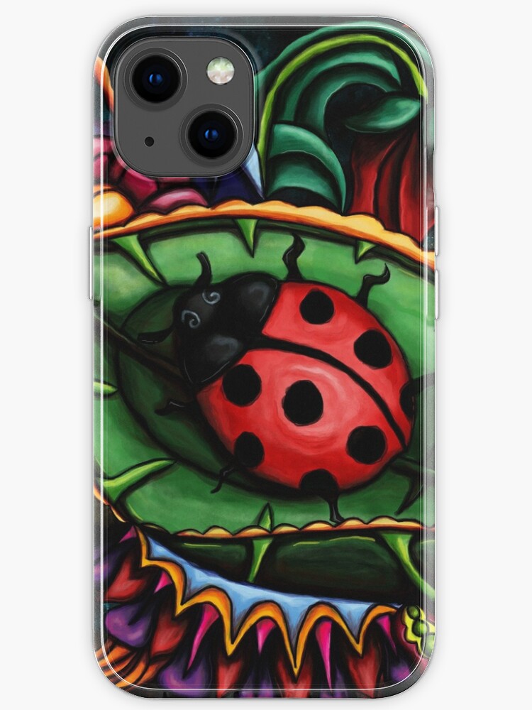 Red ladybug on a green leaf whimsical garden abstract art