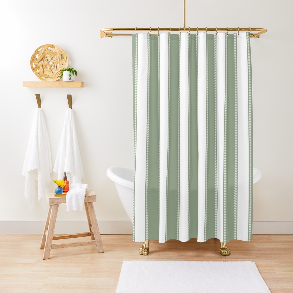 "Elegant Sage Green and White Striped" Shower Curtain for Sale by