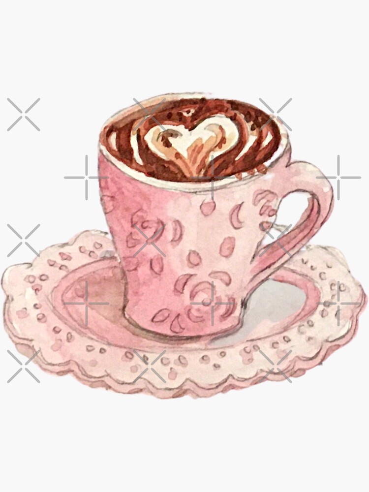 Coffee Art Heart in Fancy Pink Mug with Roses - Watercolor Coffee Sticker by WitchofWhimsy