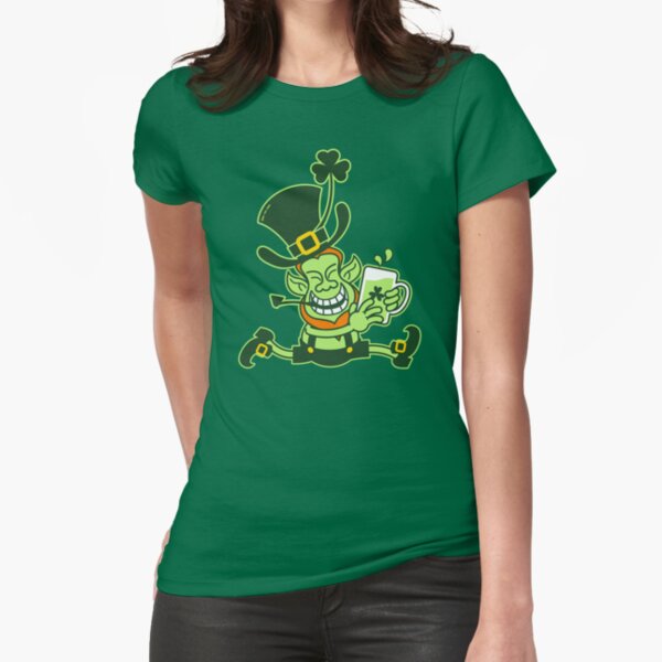 Green Leprechaun Running while Holding a Glass of Beer Fitted T-Shirt