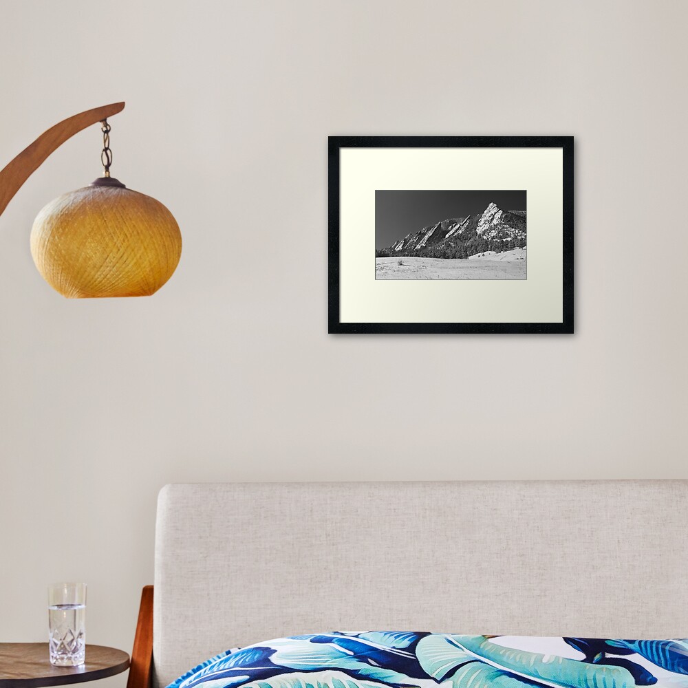 Snow Dusted Flatirons Boulder CO Panorama BW Framed Art Print