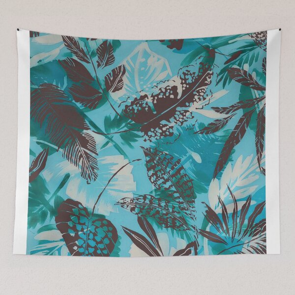 Item preview, Brown Tropical Leaves on Turquoise and White  designed and sold by Leslie Rogers Todder.