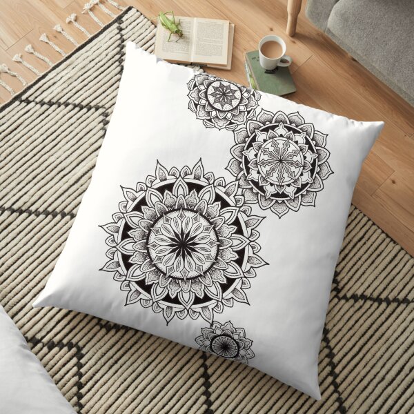 4 mandalas with geometry shapes in pen and ink dotwork Floor Pillow