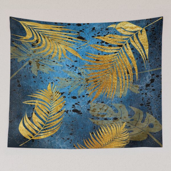 Item preview, Gold palm leaves on a blue background. redecorate, refurbish, Bird, nature designed and sold by jayne0524.