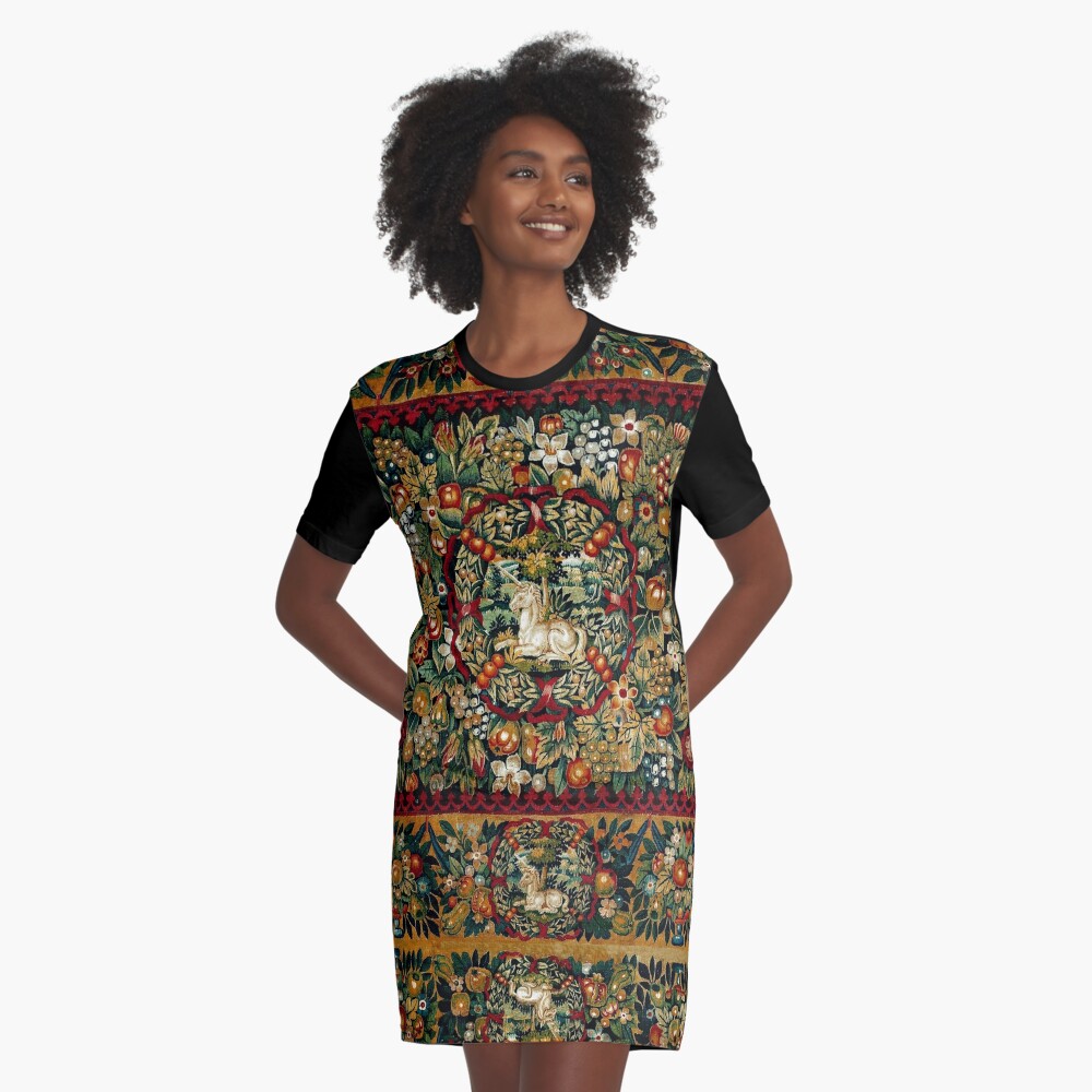 Medieval Unicorn Floral Tapestry A-Line Dress for Sale by epitomegirl