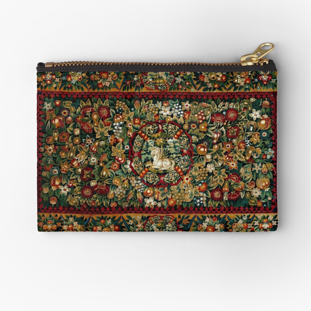 Medieval Unicorn Floral Tapestry Zipper Pouch