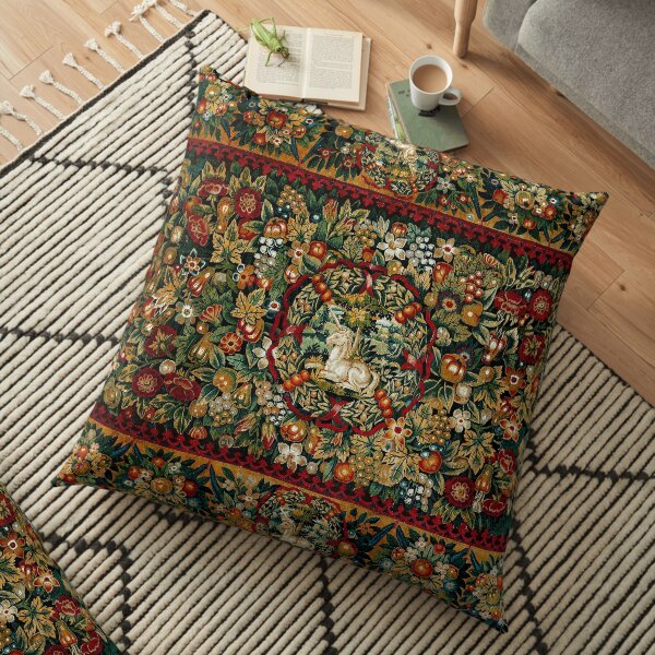 Medieval Unicorn Floral Tapestry Floor Pillow