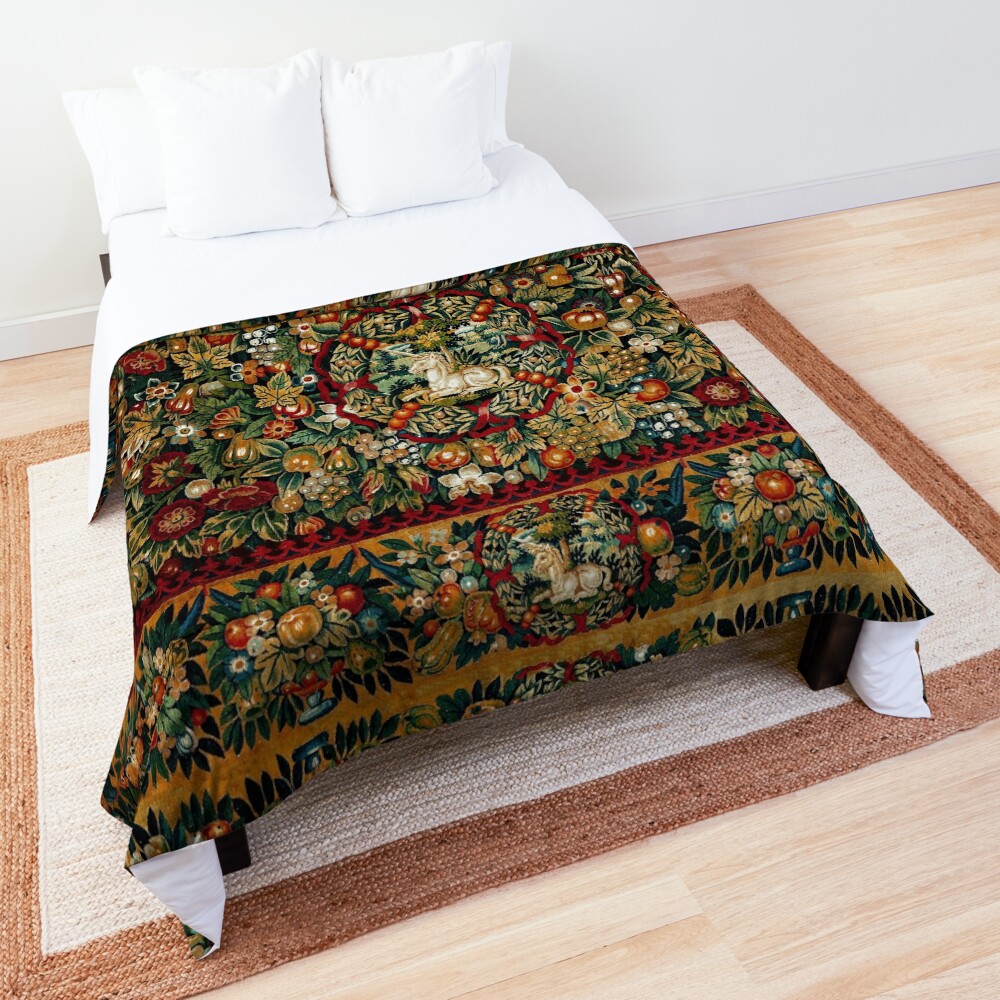 Medieval Unicorn Floral Tapestry Comforter
