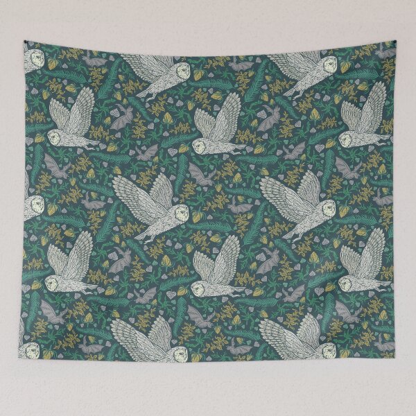 Item preview, Flying Gothic Snowy Owls and Bats with Green Gray Leaves designed and sold by PUFFYP.
