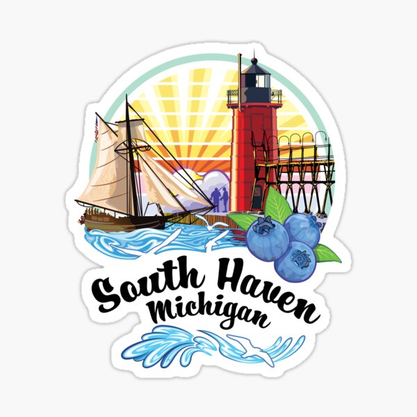 Item preview, South Haven Michigan USA Lighthouse on South Pier with Tall Ship and  Blueberries designed and sold by SunNoonPark.